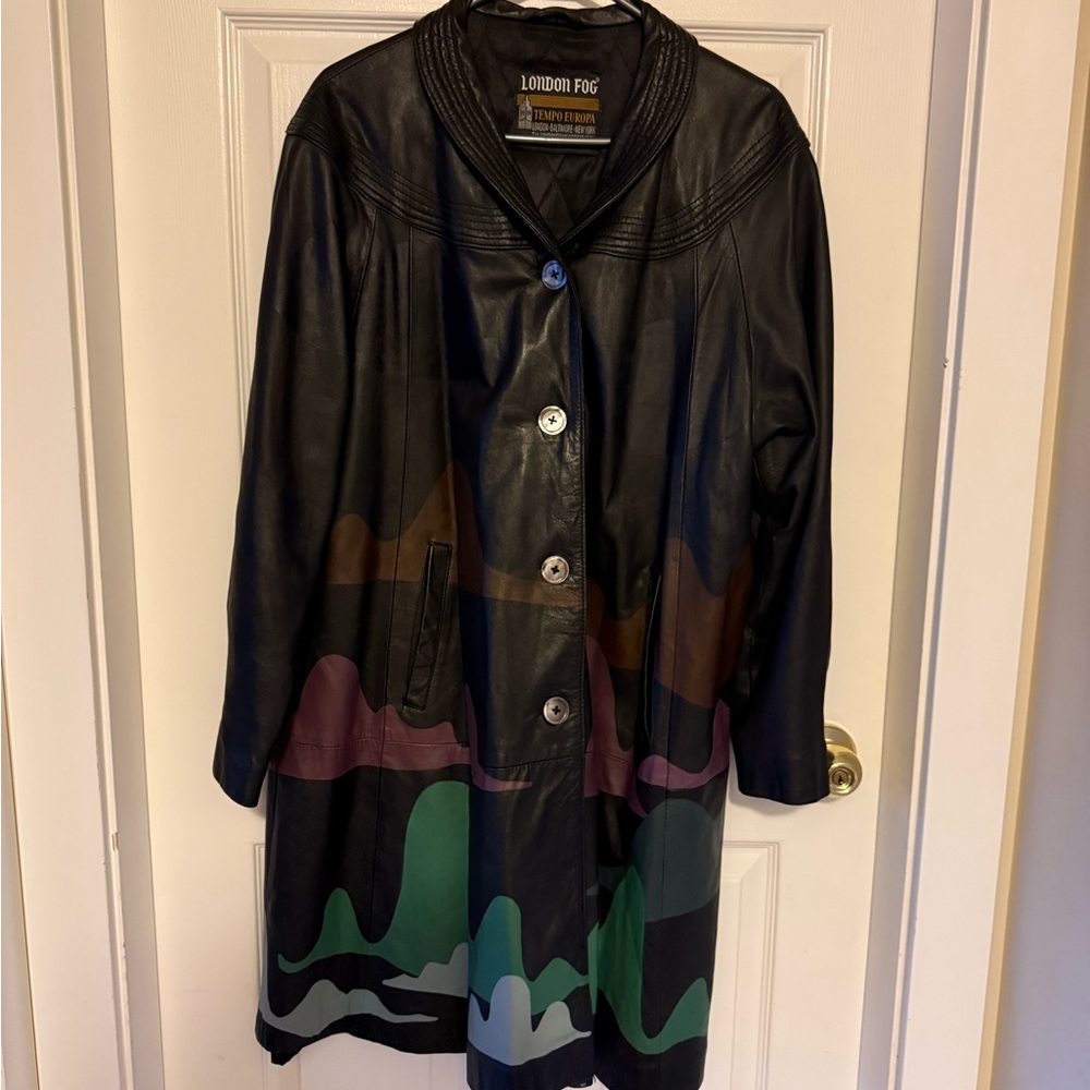 London Fog Women's Black Leather Jacket with hand painted Multicolour Design!